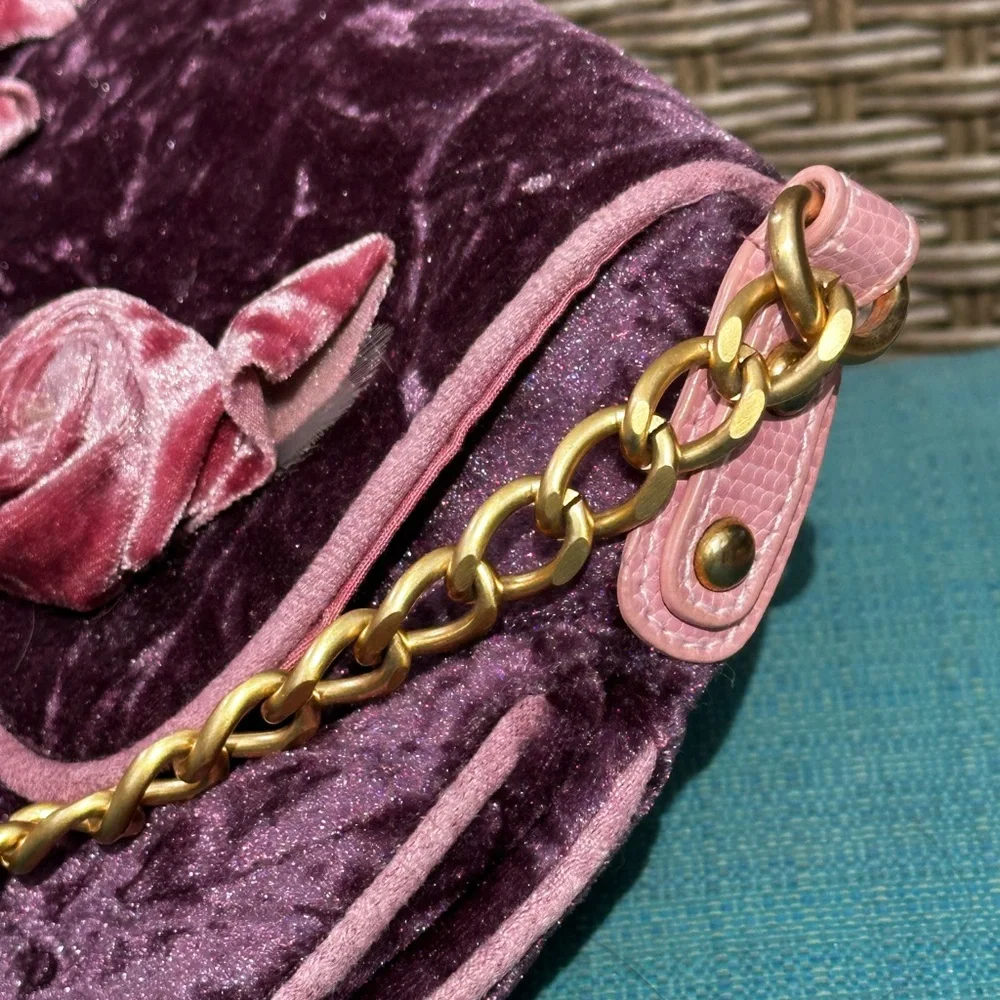 PINK PURPLE VELVET 3/D Florals Chain Shoulder Clutch Vintage Pretty part to find
